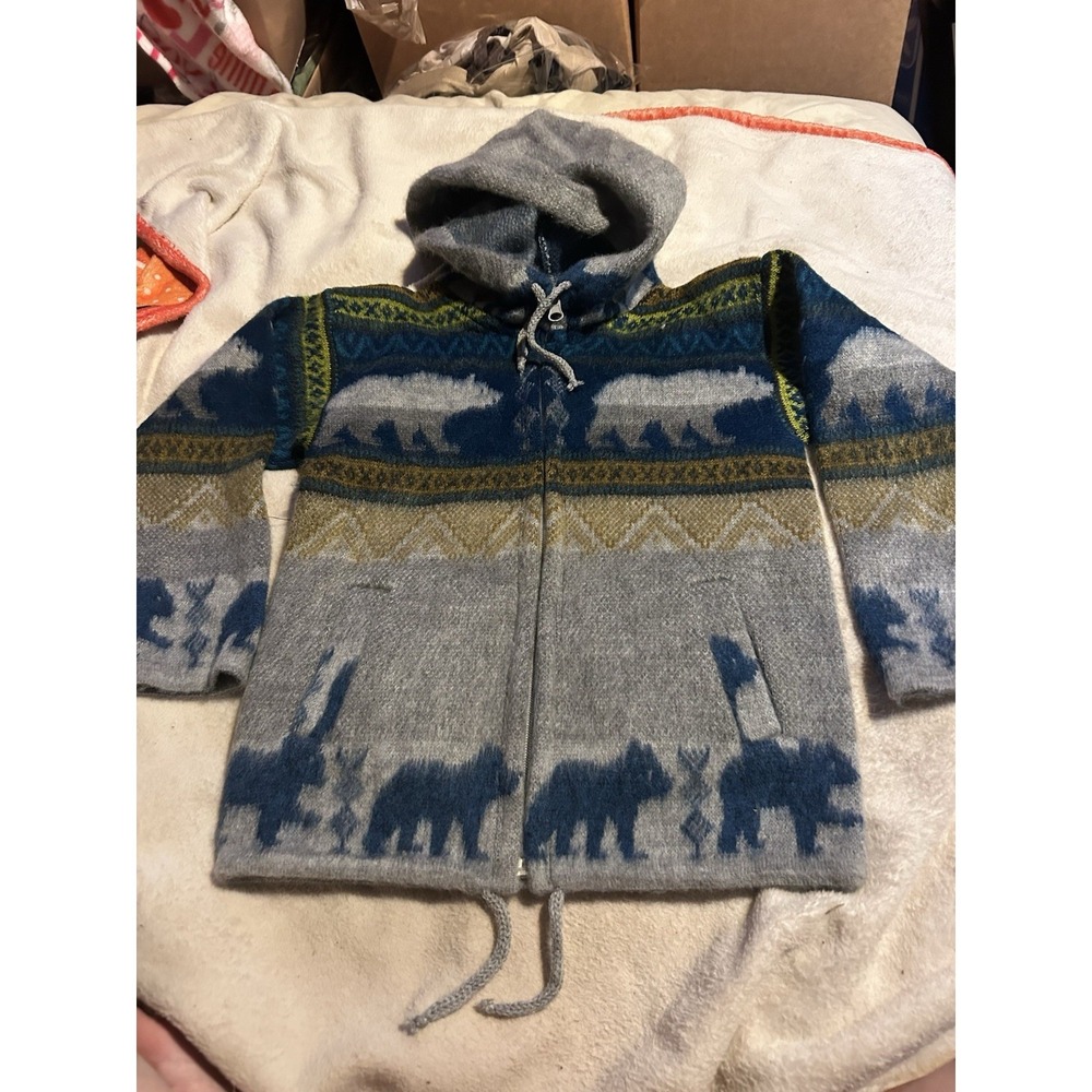 Kids Ecuador Wool Polar Bear Zip Hoodie Sweater Size 4 Gray Blue Handmade